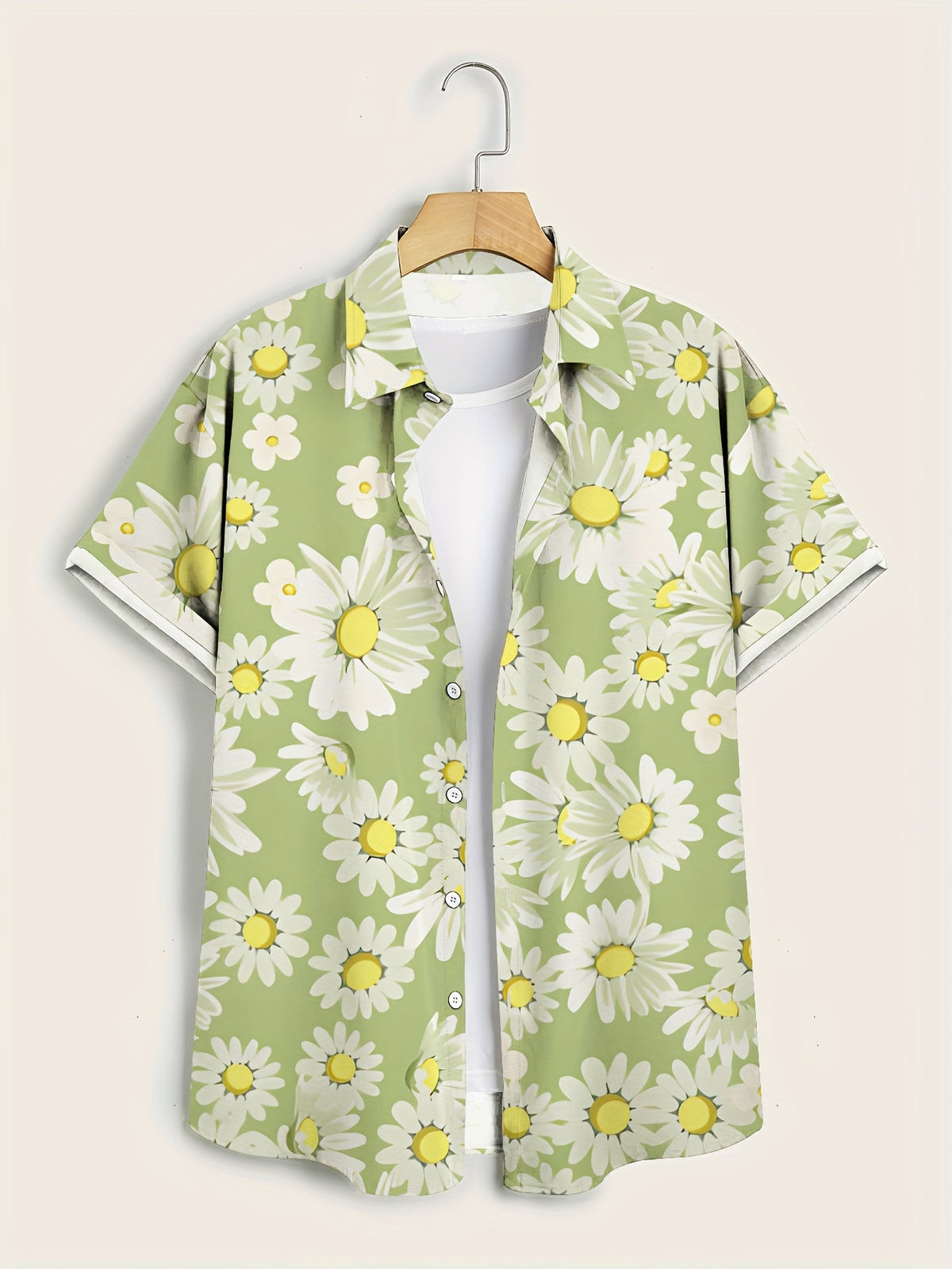 Men'S Casual Floral Short-Sleeve Button- Shirt - Light Green with White Daisy Print
