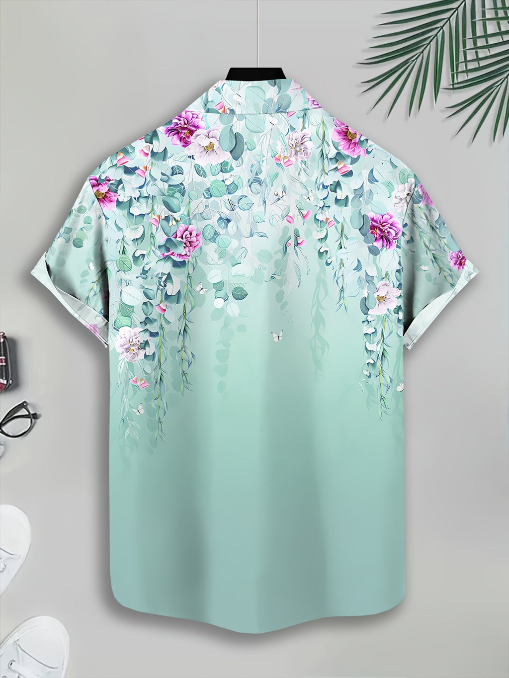 Floral Print Men'S Casual Shirt, Printing Summer Flowers And Leaves Pattern