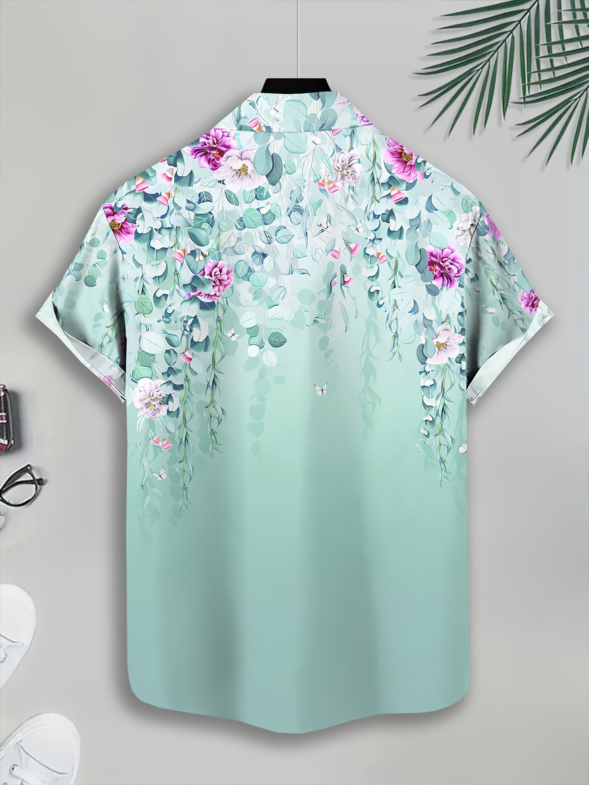 Floral Print Men'S Casual Shirt, Printing Summer Flowers And Leaves Pattern