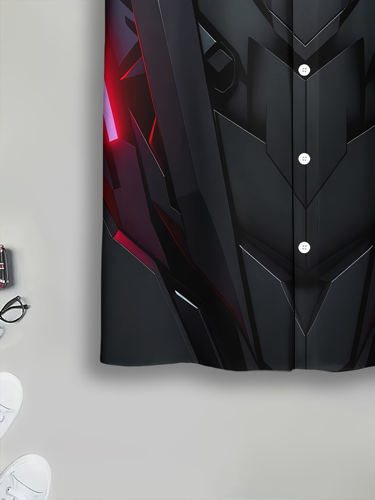 Futuristic Cyberpunk Men'S Casual Shirt, Print Black And Red Armor Design, Summer Neon Light Accents
