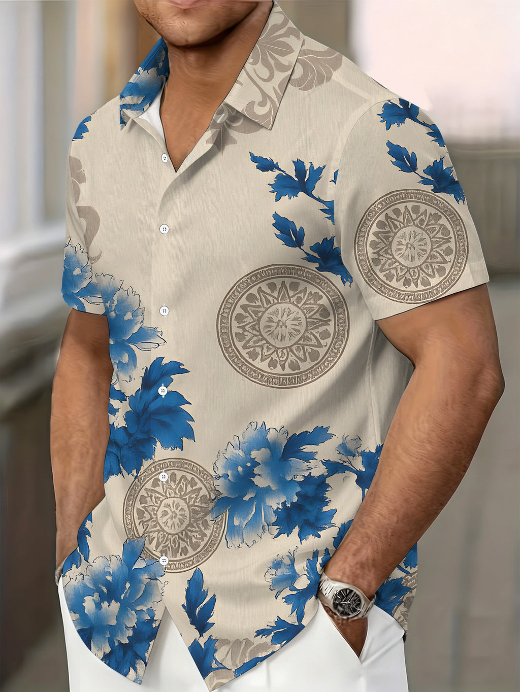 Men's Short-Sleeve Shirt with Blue Floral Elegant Style, Printed Shirt with Chinese Floral Pattern, Cool Short-Sleeve Shirt for Men, Beige-Blue Elegant Color, Men's Casual Short-Sleeve Shirt for Summer
