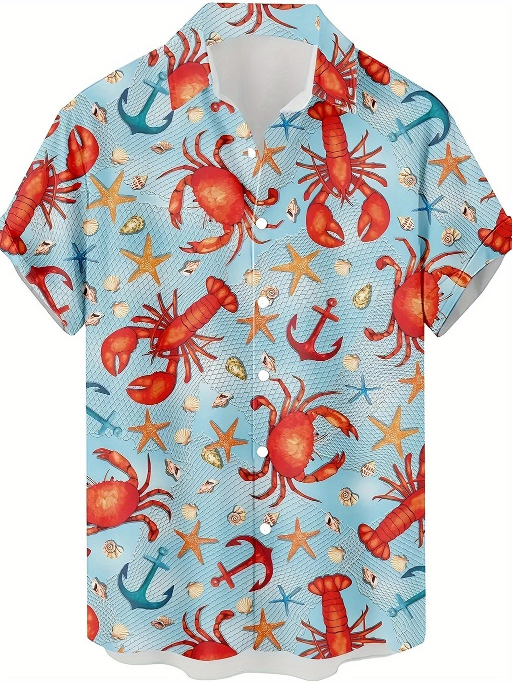 New Men's Vintage Lobster and Starfish Print Casual Shirt - Digital Print Hawaiian Street Style, Breathable Short-Sleeve Summer Top, Vibrant Colors, Machine Washable Regular Fit