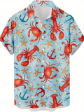 New Men's Vintage Lobster and Starfish Print Casual Shirt - Digital Print Hawaiian Street Style, Breathable Short-Sleeve Summer Top, Vibrant Colors, Machine Washable Regular Fit
