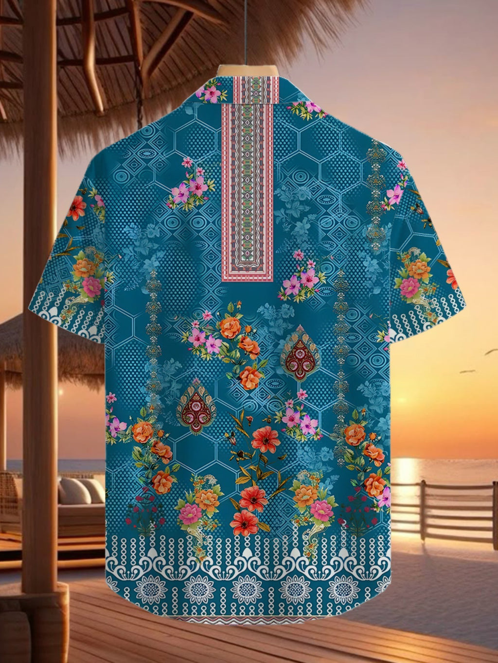 Tropical Vacation Floral Print Men'S Casual Shirt - Short-Sleeved Button Design, Bright Colors, Summer Outdoor And Casual Wear, Machine Washable