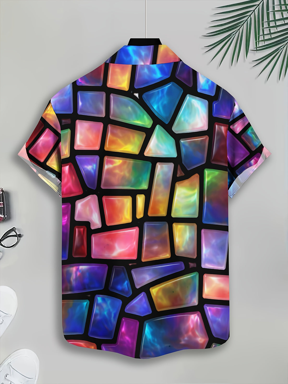 Colorful Geometric Abstract Men'S Casual Shirt Printed Stained Glass Pattern Summer Vibrant Multicolor Design