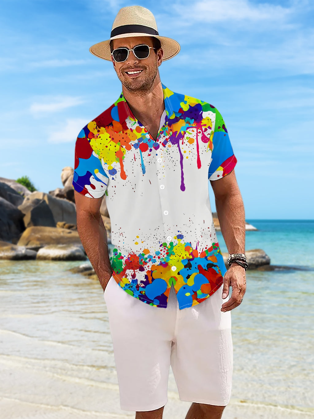 New Men'S Casual Short-Sleeved Shirt, Full of Colorful Ink Splashes, with Blank Space Embedded in Between, Versatile for Holiday Parties And Commuting, Polyester Fiber Fabric, Machine Washable, Button- Print Shirt