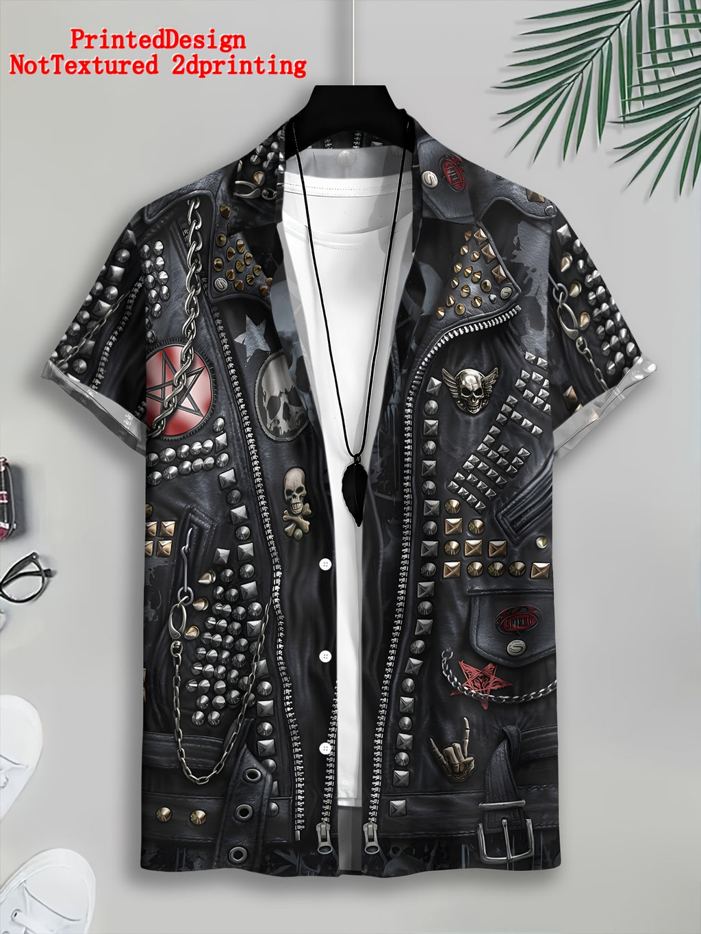 Printed Design-Not Textured 2D Printing Biker Style Men'S Casual Shirt, Print Black Leather Jacket with Skulls And Studs Summer Pattern Highlights