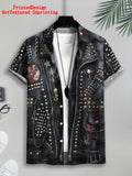 Printed Design-Not Textured 2D Printing Biker Style Men'S Casual Shirt, Print Black Leather Jacket with Skulls And Studs Summer Pattern Highlights