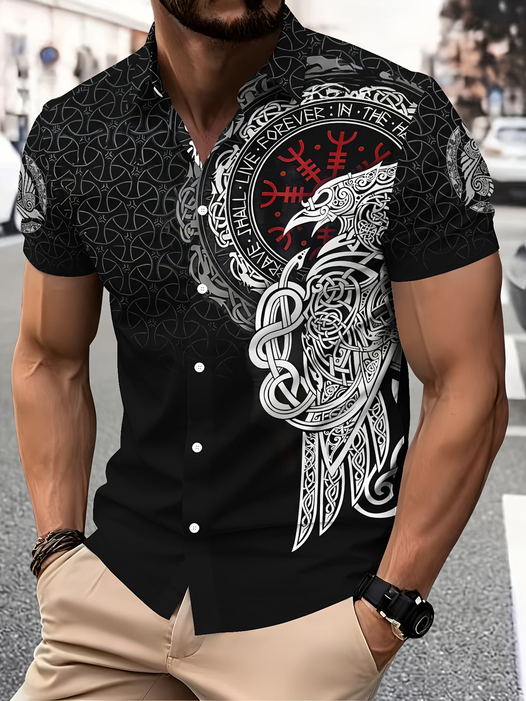 Viking Style Men'S Casual Shirt, Print Black Norse Mythology And Rune Design Summer Detailed Raven And Knotwork Pattern
