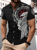 Viking Style Men'S Casual Shirt, Print Black Norse Mythology And Rune Design Summer Detailed Raven And Knotwork Pattern