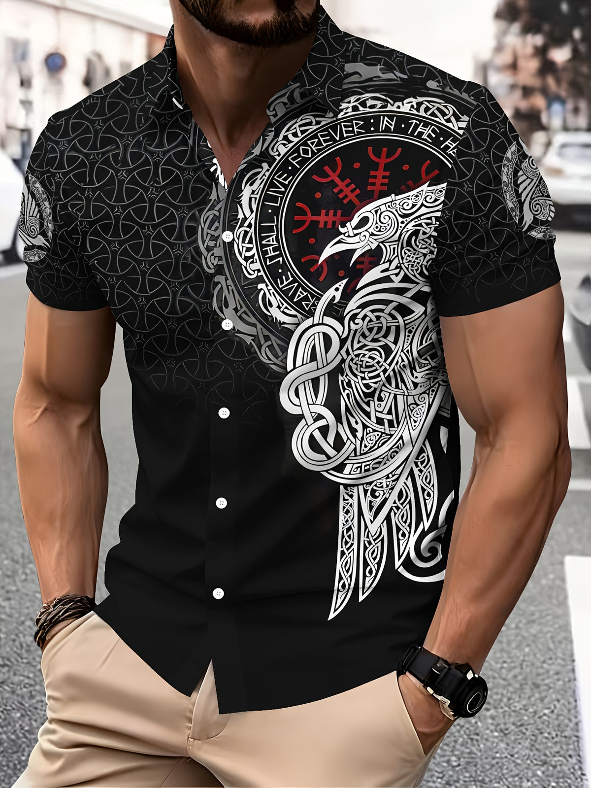 Viking Style Men'S Casual Shirt, Print Black Norse Mythology And Rune Design Summer Detailed Raven And Knotwork Pattern