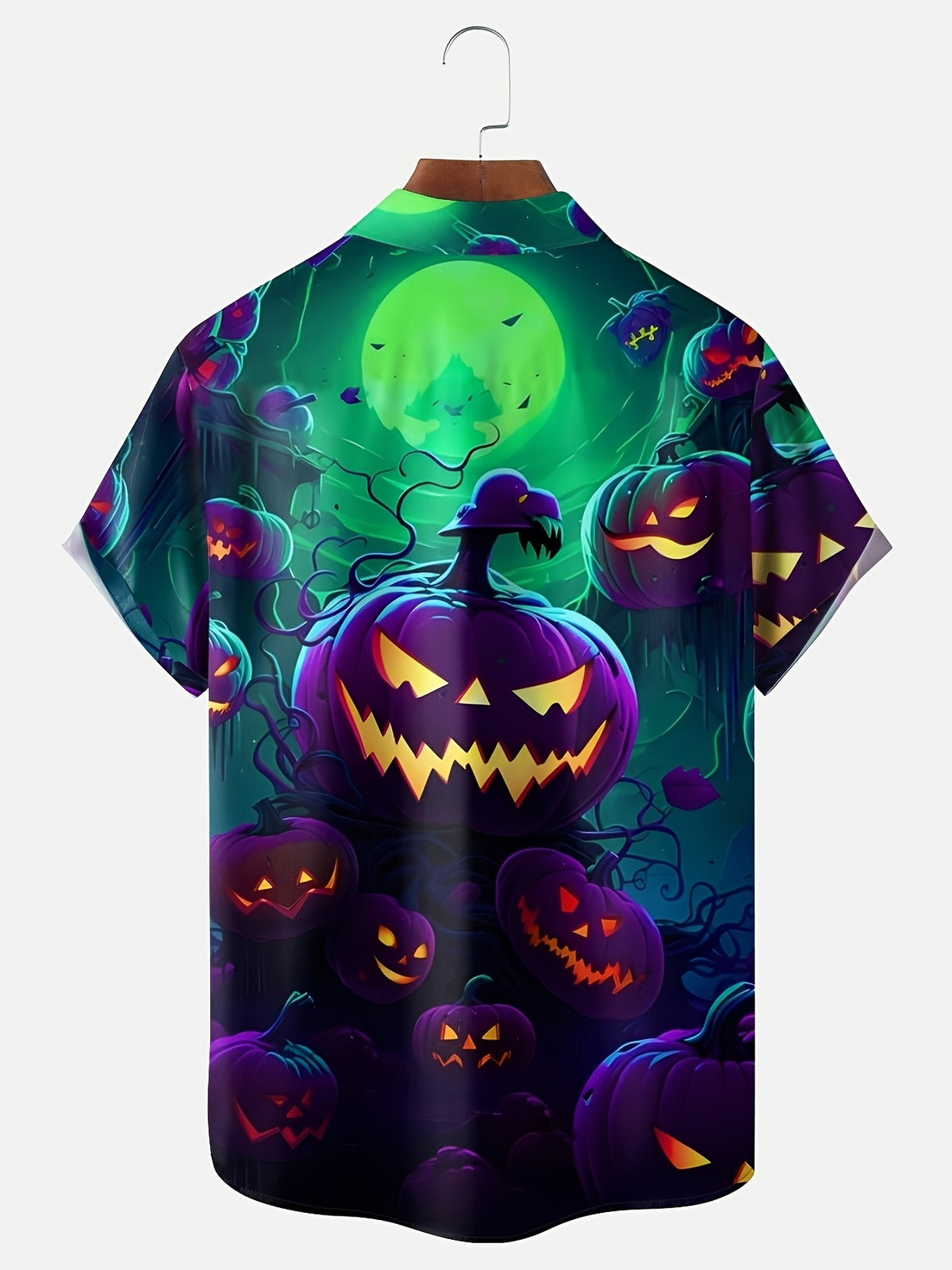 Men'S Dark Glow-In-Dark Pumpkin Lantern Halloween Print Short Sleeve Shirt, Soft And Breathable, Halloween Party Horror Theme Outfit