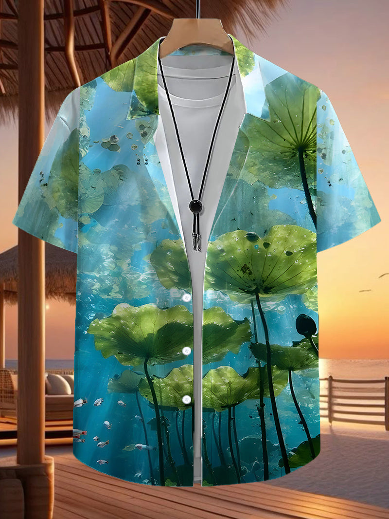 Men's Hawaiian Shirt with Short Sleeves & Button Front - Tropical Leaf & Hawaiian Pond Print Button- Collar Shirt, Loose Fit Button-Up for Summer Poolside, Vacation, Beachwear - Machine Washable Hawaiian Luau Attire (No Elastic)