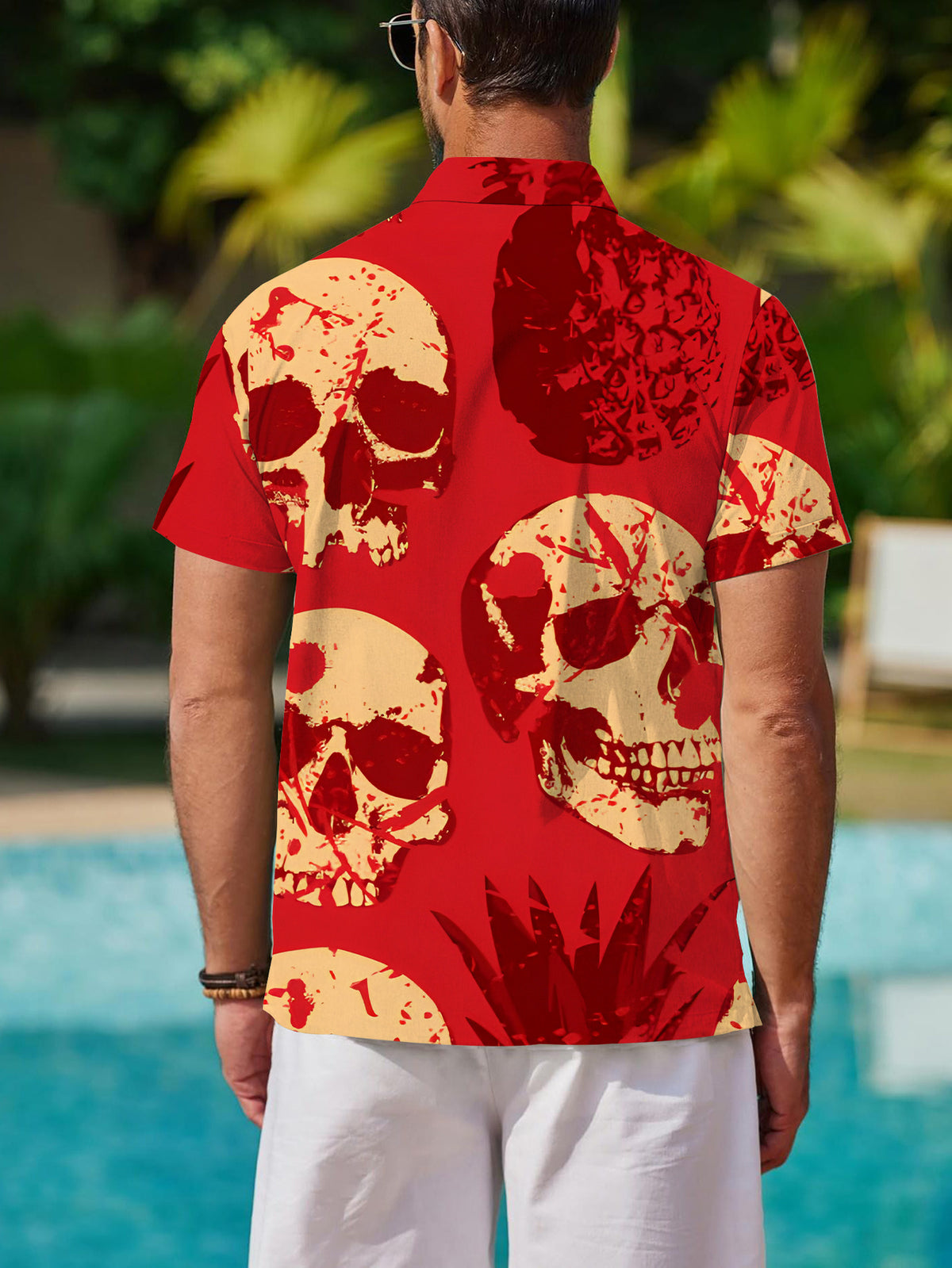 Men's Skull & Pineapple Print Button-Up Shirt - Vibrant Red Short Sleeve Lapel Collar Summer Beach Shirt, Regular Fit Casual Buttoned Top Suitable for Dates, Vacations, Gifts, Machine Washable Minimalist Streetwear for Casual Attire