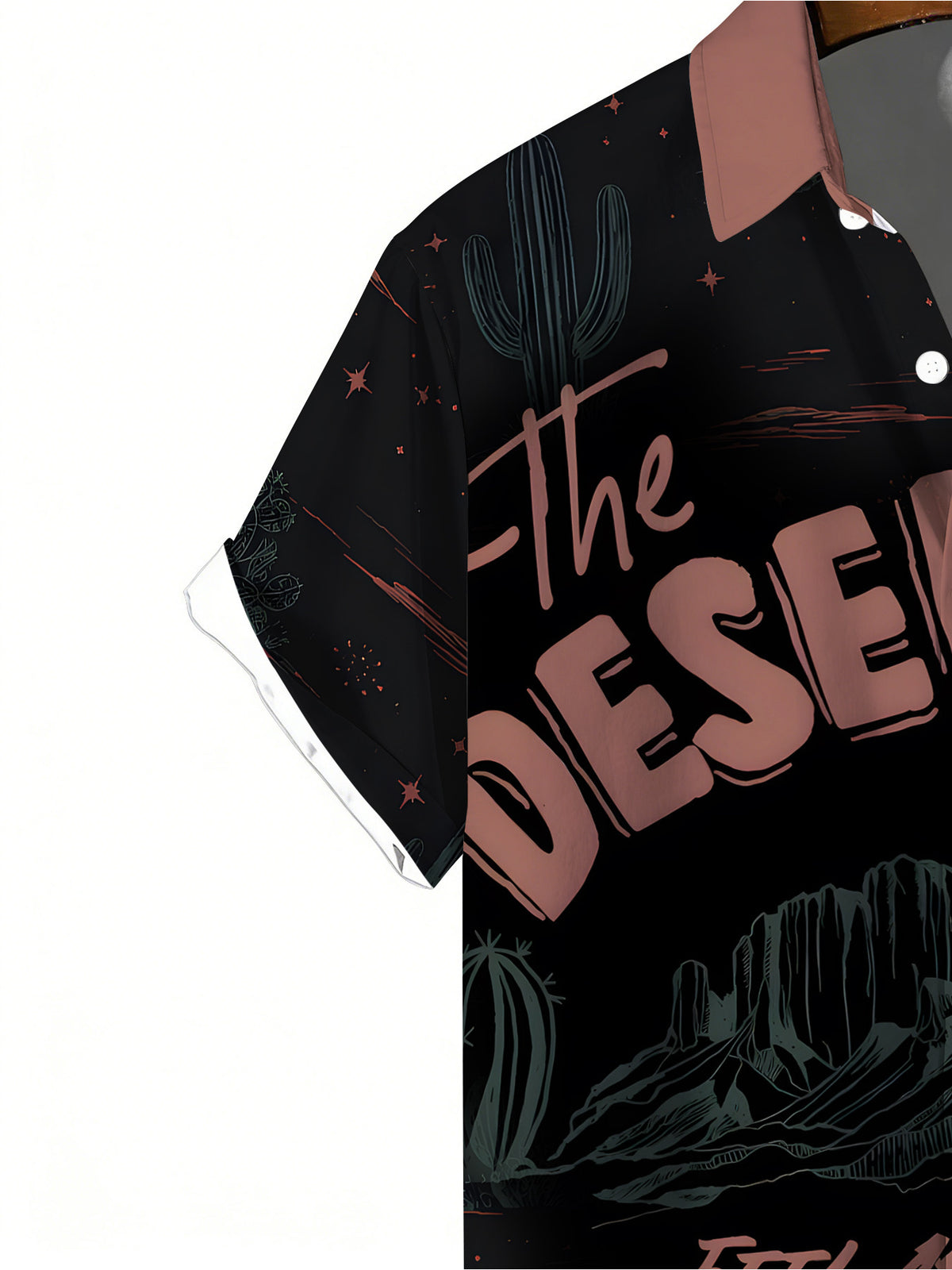 Men'S Trendy Short-Sleeve Shirt, Black Base with Desert Cactus Print, Versatile Casual Top