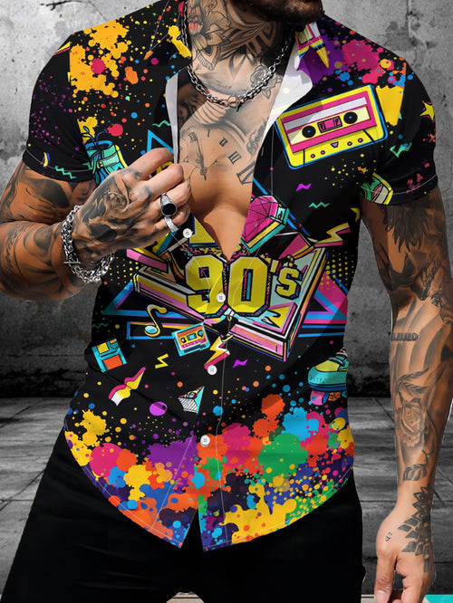90S Retro Style Men'S Short-Sleeve Shirt, Trendy Street Style Digital Print Top, Unique, Fashionable, Casual, Loose-Fitting Half-Sleeve