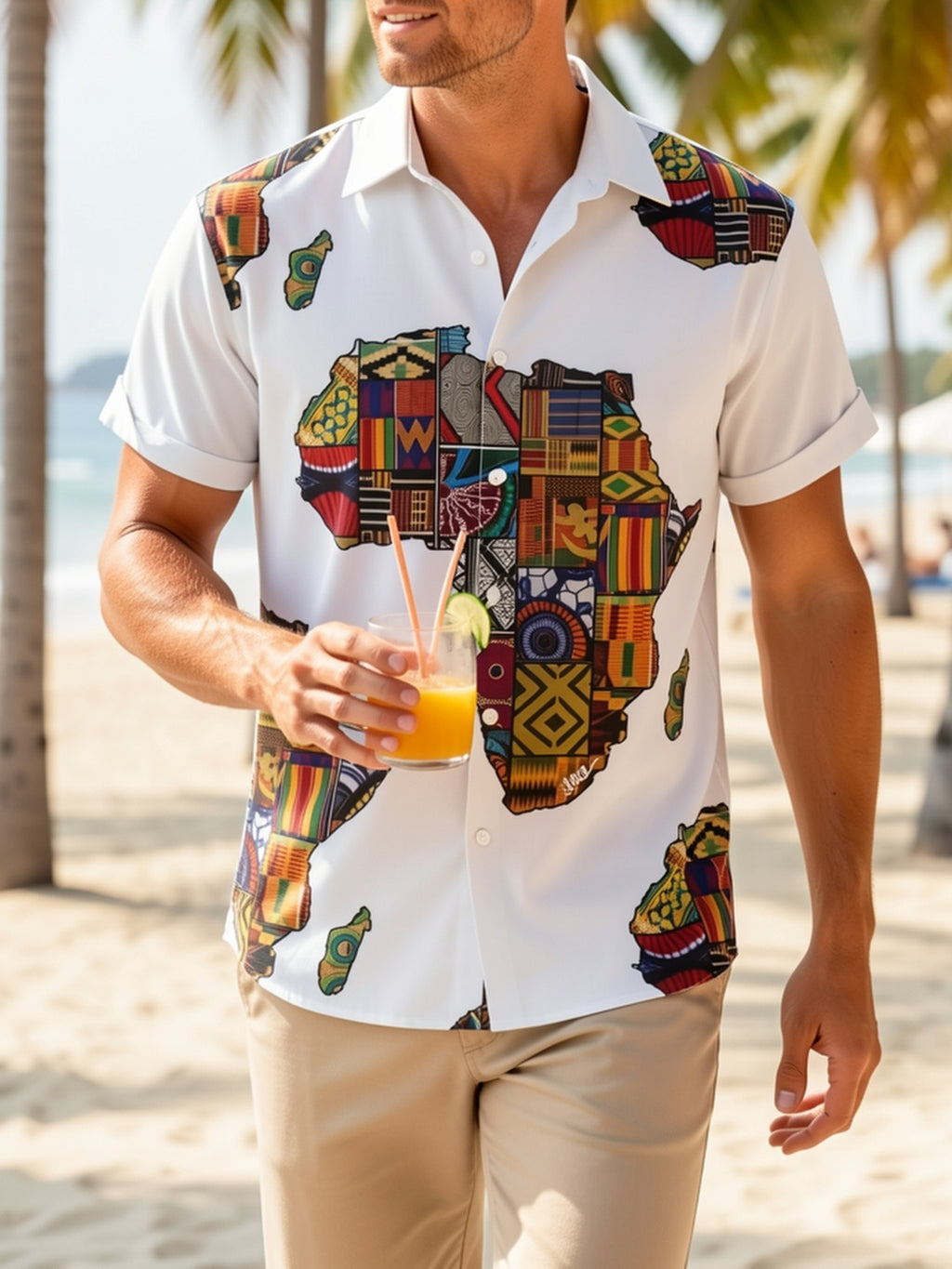 Men'S Short-Sleeve Casual Shirt with an African Map Print And Button- Collar