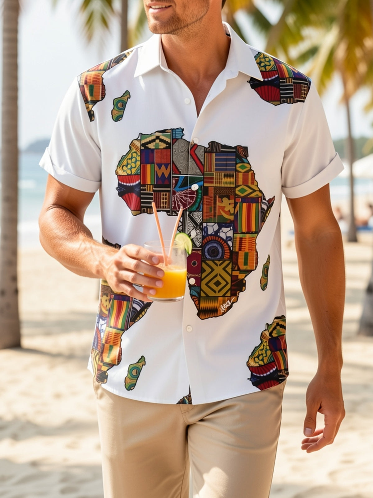Men'S Short-Sleeve Casual Shirt with an African Map Print And Button- Collar