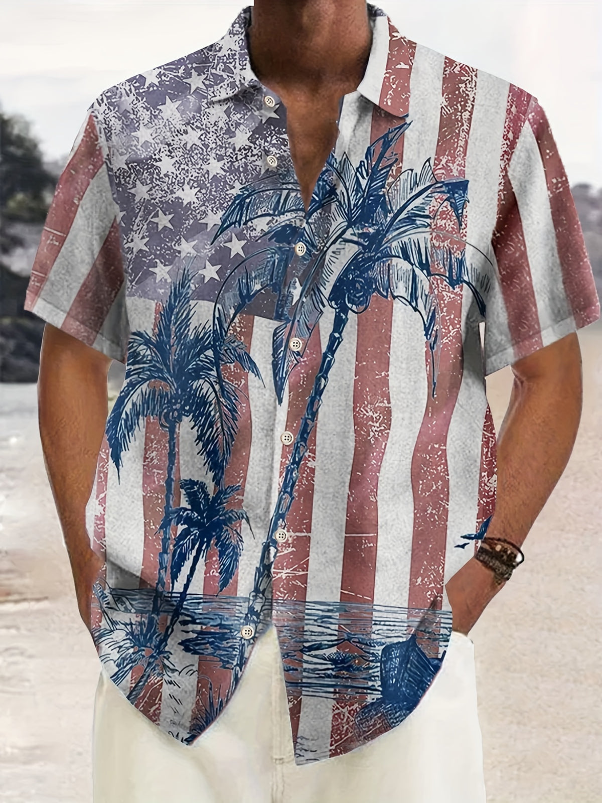 Men'S Plus Size Hawaiian Coconut Tree Print Shirt with Flag Design | Button Closure, Lapel Collar, Slight Stretch Fabric, Summer Vacation Style