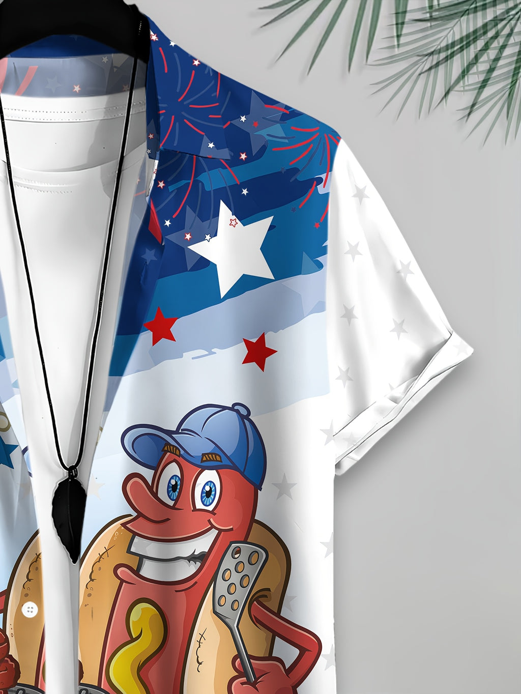 Men'S Short Sleeve Shirt with American Independence Day Theme Print, Cartoon Barbecue Pattern, Hawaiian Style Top