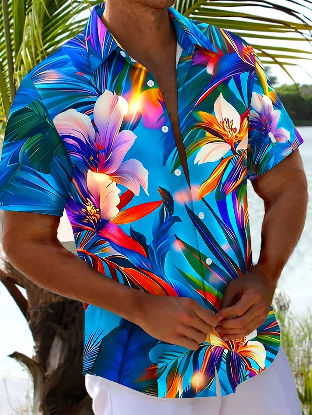 Hawaiian Floral Print Men'S Plus Size Button-Up Short Sleeve Shirt