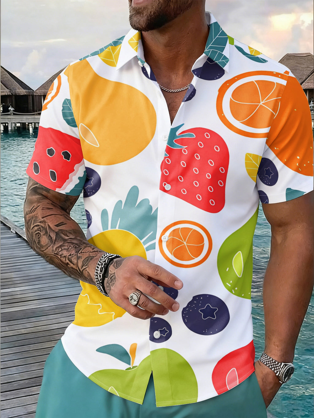 New Men'S Short Sleeve Shirt - Untextured - Colorful Fruit Pattern Cute Warm Print, Fashionable Easy Short Sleeve, Button-Up, Casual Lapel Shirt, Fashionable And Versatile, Suitable for Dates, Beach Vacations, Perfect Gift for Men