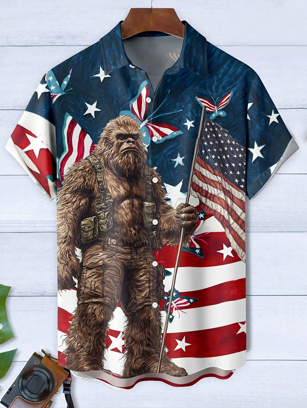 Men'S Oversized Short-Sleeve Shirt with a Flag Gorilla Print And Buttons, Plus Size