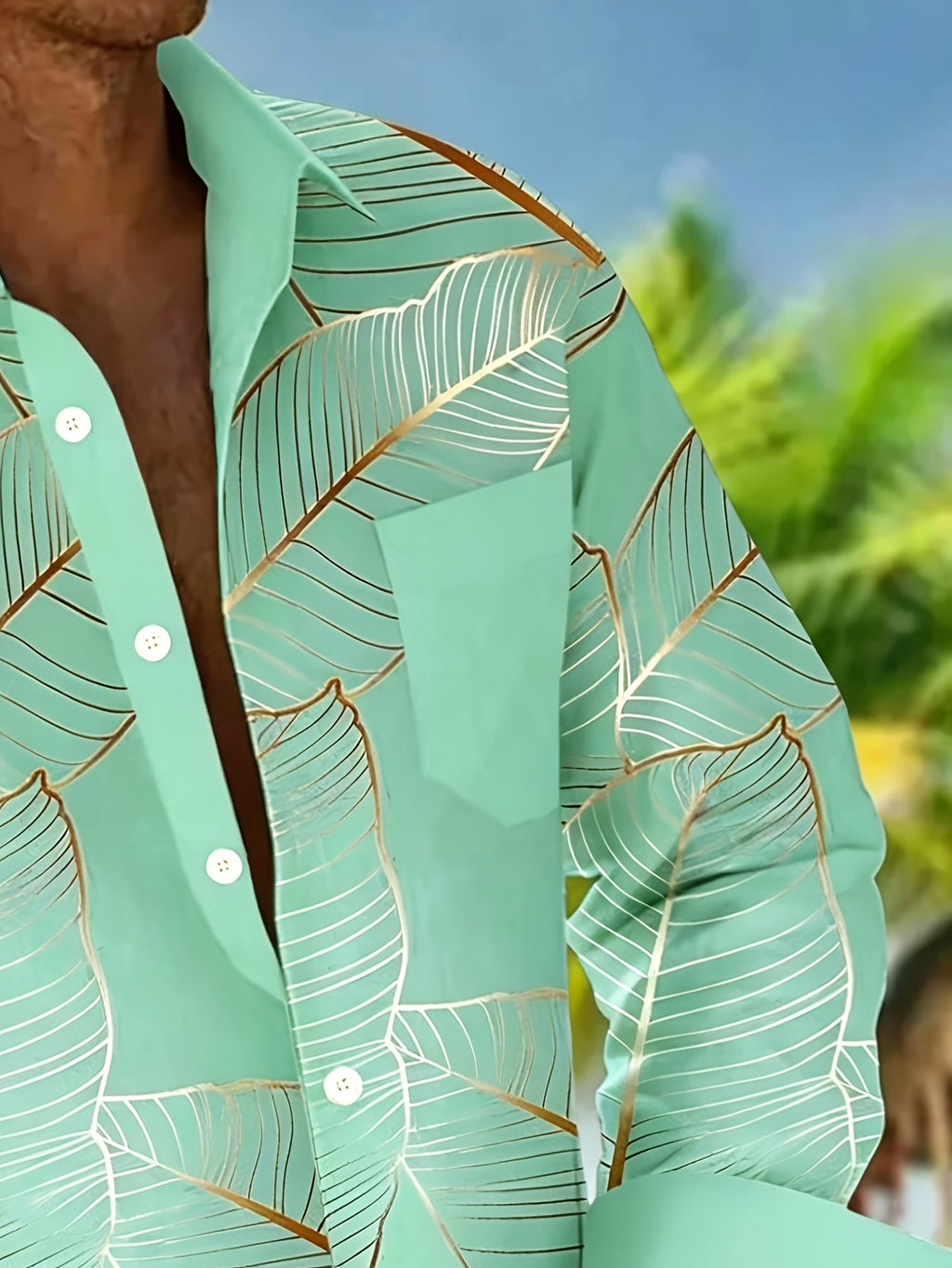 Hawaiian Botanical Leaf Gradient Print Men's Plus Size Button-Up Pocket Long Sleeve Shirt, PLUS SIZE