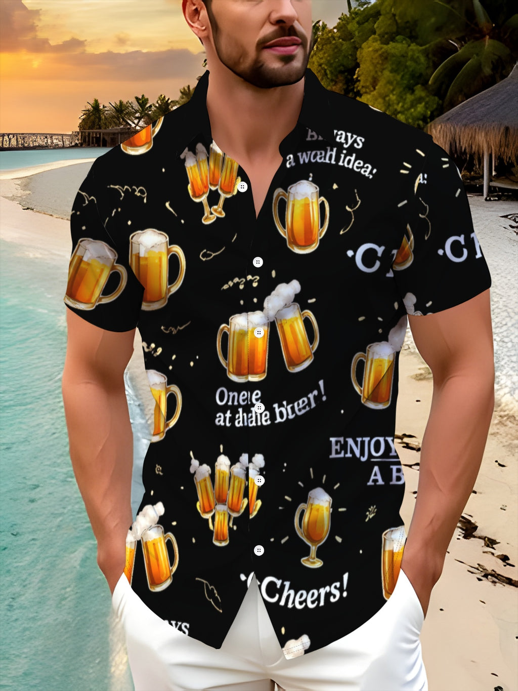 Fashionable Geometric Pattern Men'S Short-Sleeve Button-Up Shirt, Casual Collared Summer Wear