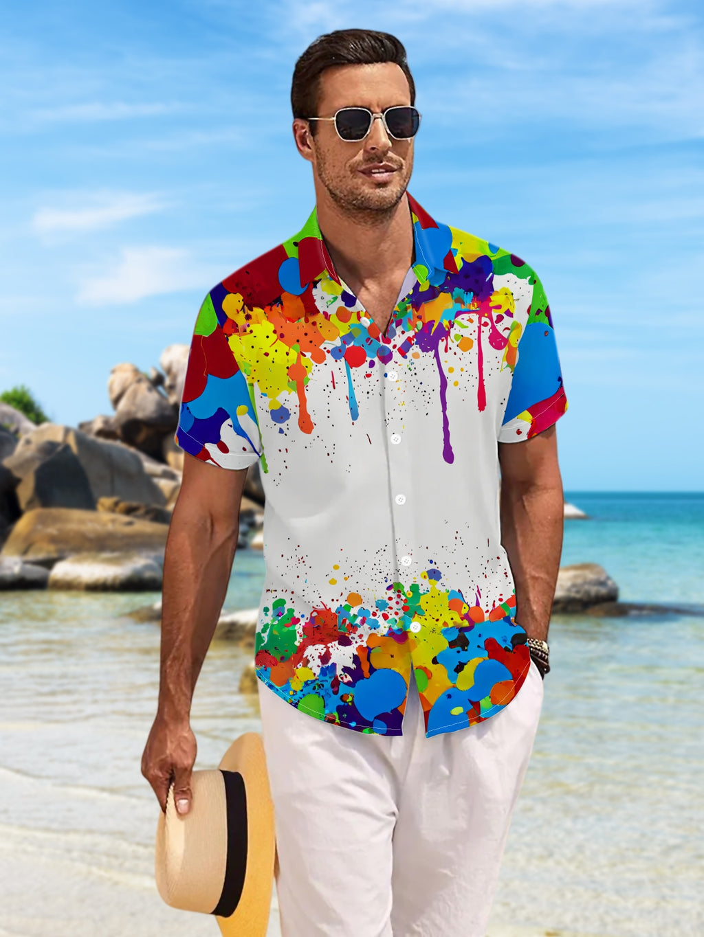 New Men'S Casual Short-Sleeved Shirt, Full of Colorful Ink Splashes, with Blank Space Embedded in Between, Versatile for Holiday Parties And Commuting, Polyester Fiber Fabric, Machine Washable, Button- Print Shirt