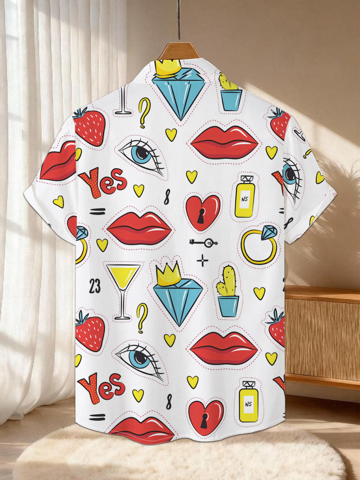 New Men'S Casual Short Sleeve Shirt, Red Lips And Diamonds Trendy Elements Full Layout, Holiday Party Commute Versatile, Polyester Fabric Machine Washable, Button-Print Shirt