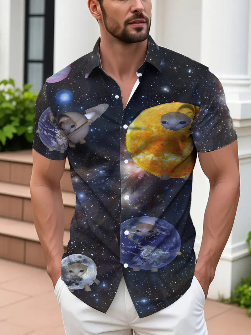 Men's Casual Hawaiian Tropical Shirt with Black Starry Sky and Planetary Element Fun Print - Short Sleeve Button-Up Design, for Summer Outdoor and Casual Wear, Daily Outfits