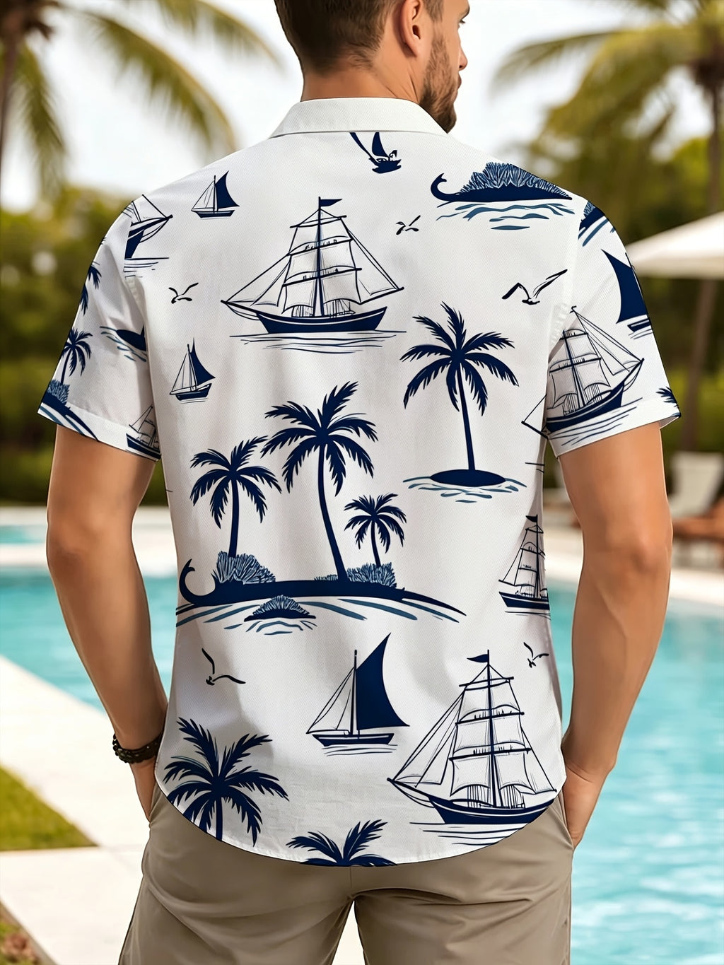 Men'S Summer Short Sleeve Shirt, Hawaiian Style Coconut Palm Sailboat Print, Casual Breathable Vacation Top, All-Match Style for Beach Outings