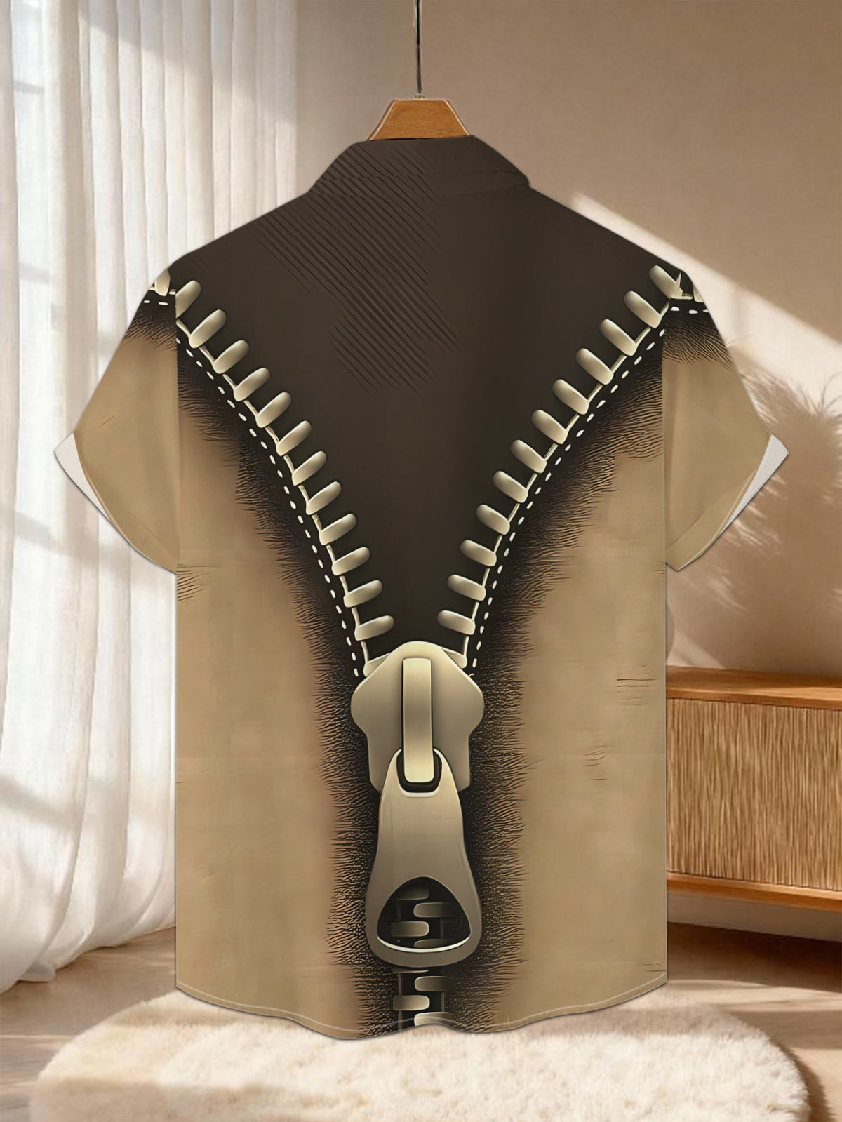New Men'S Casual Short-Sleeved Shirt with Metal Zipper Half-Open, Revealing a Dark Interior, Suitable for Holiday Parties And Commuting, Versatile, Polyester Fabric, Machine Washable, Button- Print Shirt