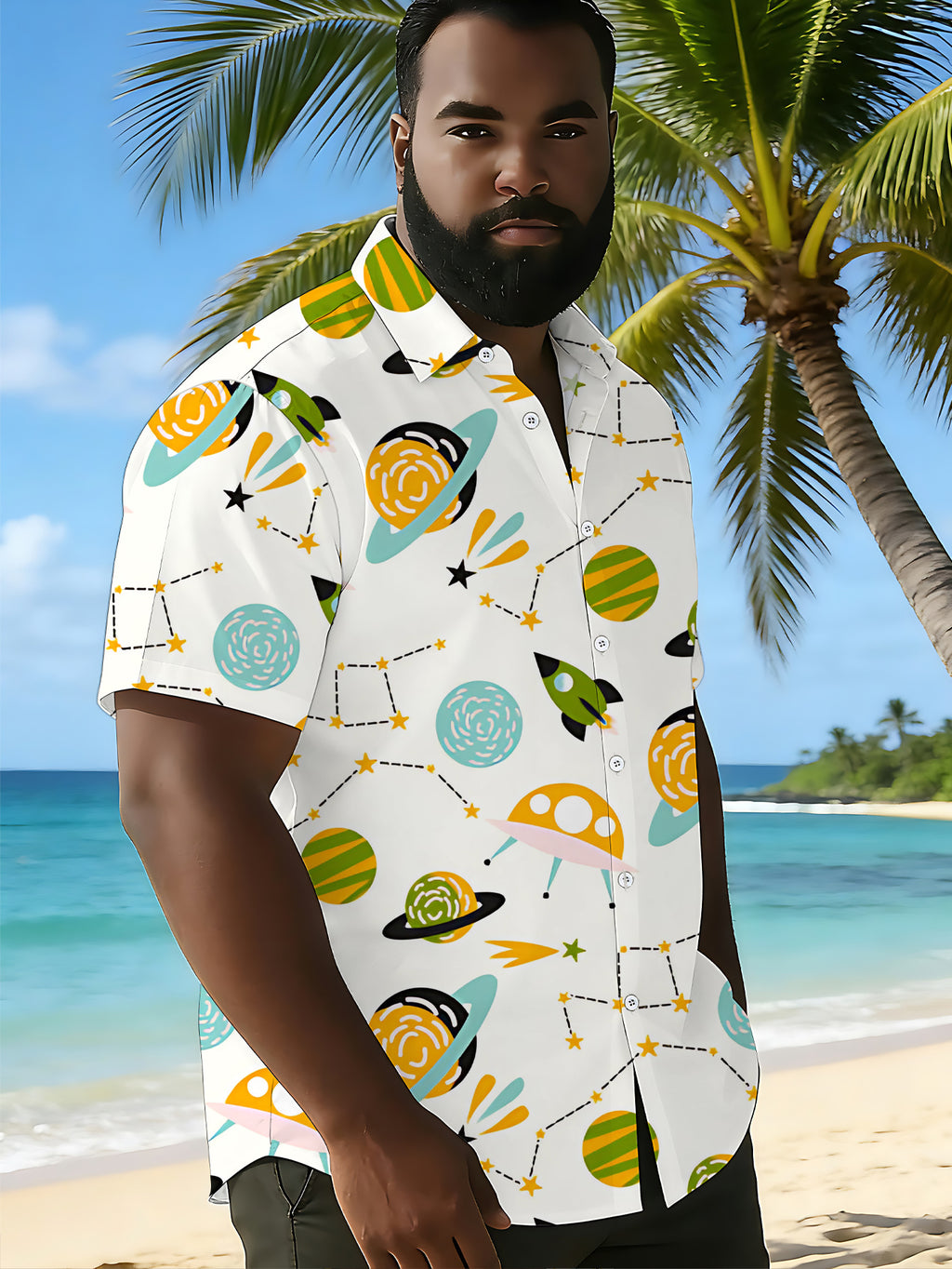 [Printed Design – Not Textured] Men's Short-Sleeve Shirt, Trendy Digital Print Short-Sleeve Shirt with Cartoon-Style Space Element Pattern, Stylish and Elegant, Summer/Printed/Clothing/Apparel/Streetwear/Men's/Trendy