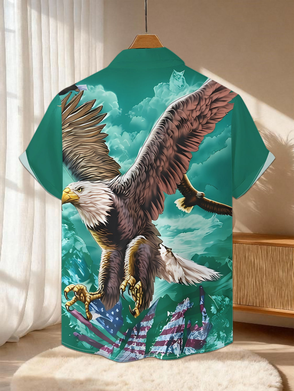 New Men's Casual Short-Sleeve Shirt with White-Headed Eagle Spreading Wings, Flock of Birds and Hidden Beast Print on the Side, Versatile for Holiday Parties and Commuting, Polyester Fabric, Machine Washable, Button- Printed Shirt