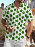 New Men's Casual Short-Sleeve Shirt with All-Over Green Watermelon Pattern on White Background, Versatile for Holiday Parties and Commuting. Made of Polyester Fiber, Machine Washable, Lightweight for Summer. Suitable for Casual Wear