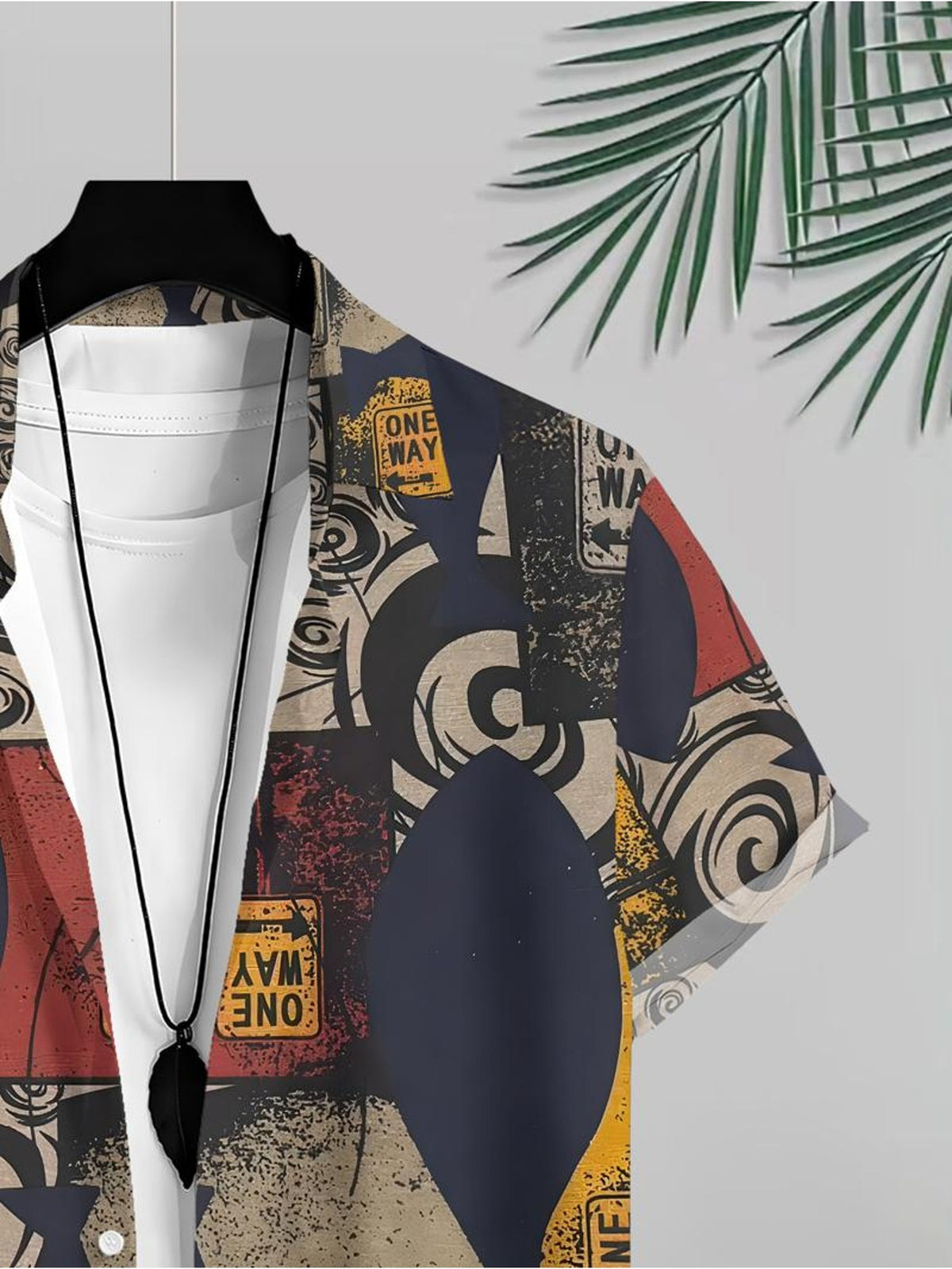 Men's Casual Shirt with One Way Sign And Abstract Pattern for Beach Summer Wear