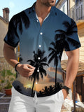 New Men's Casual Short-Sleeve Shirt, Coconut Grove Silhouette, Sunset Golden Hue Dyeing the Sky, Versatile for Holiday Parties and Commuting, Polyester Fabric, Machine Washable, Lightweight for Summer, Suitable for Casual Wear, Outdoor Activities