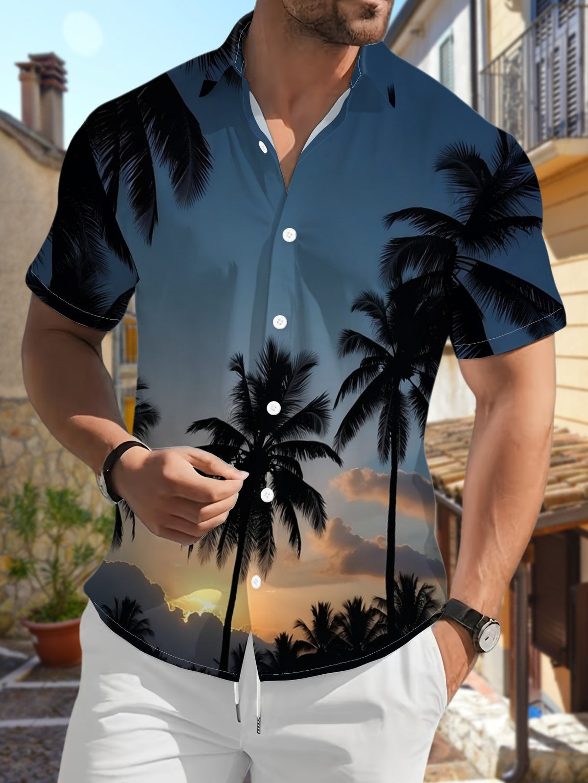 New Men's Casual Short-Sleeve Shirt, Coconut Grove Silhouette, Sunset Golden Hue Dyeing the Sky, Versatile for Holiday Parties and Commuting, Polyester Fabric, Machine Washable, Lightweight for Summer, Suitable for Casual Wear, Outdoor Activities
