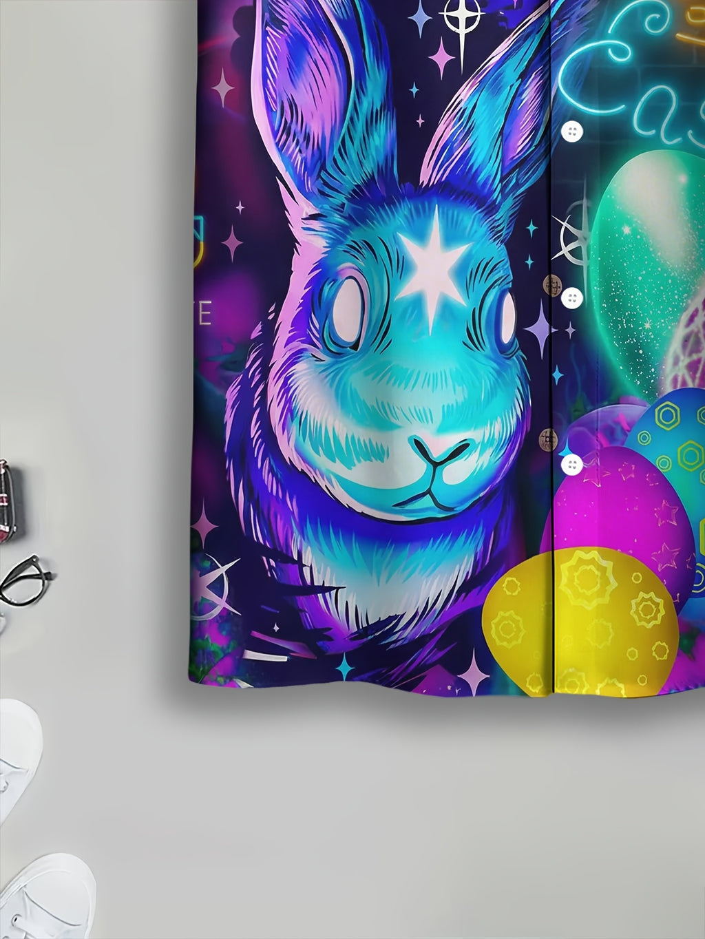 Hawaiian Style Men'S Casual Shirt, Printed Multicolor Easter Bunny And Eggs Design, Spring Neon Glow Effect