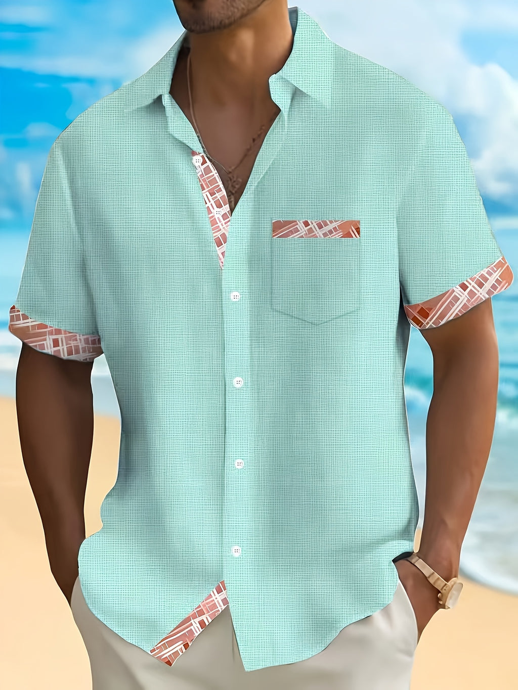 Basic Geometric Plaid Print Men's Plus Size Button Pocket Short Sleeve Turn- Collar Shirt