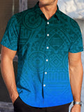 Men's Gradient Blue Polynesian Tribal Totem All-Over Print Short Sleeve Shirt, Lightweight and Draping, for Hawaiian Island Vacation Beach Outfits