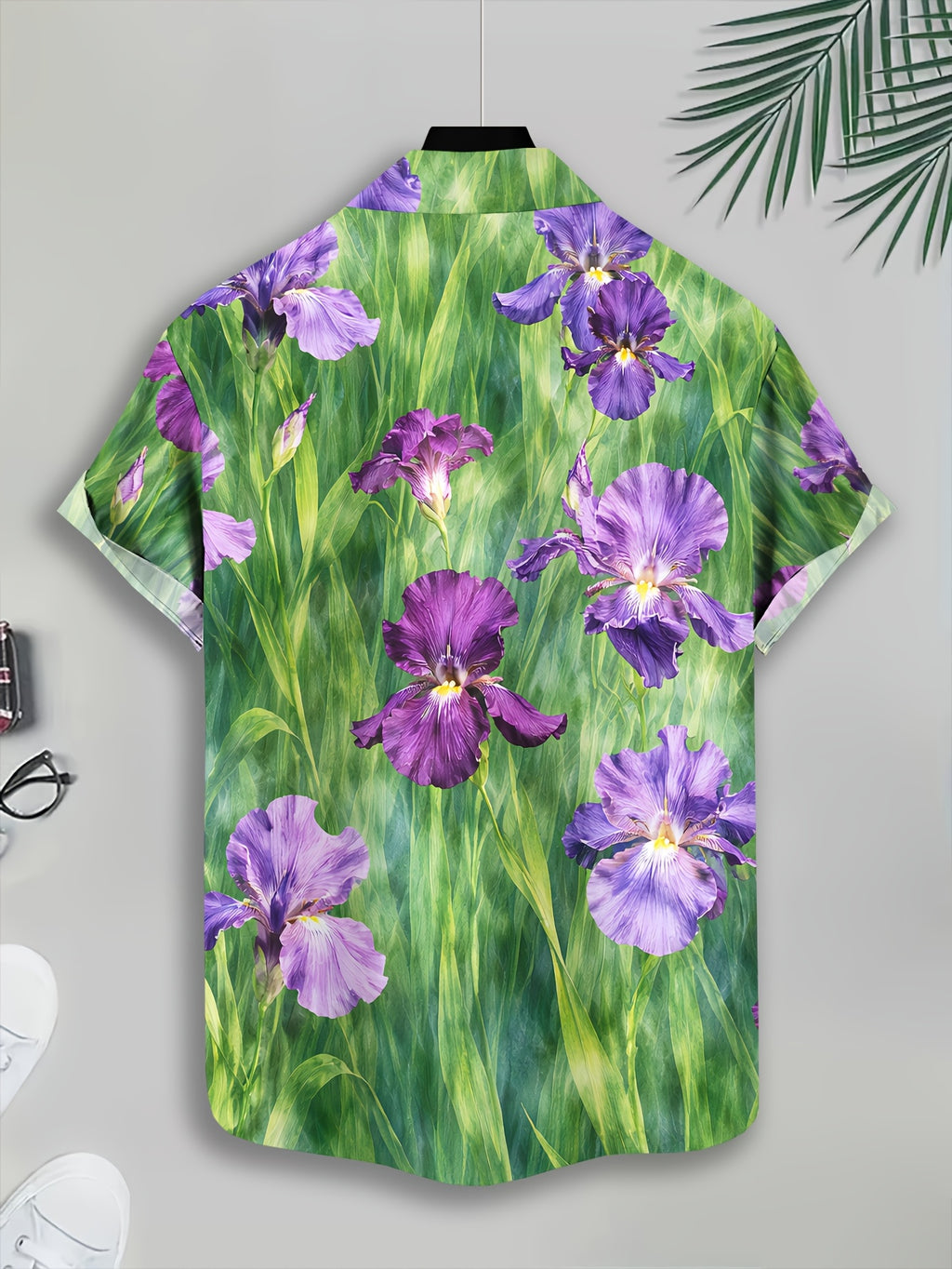 Men's Casual Floral Print Shirt with Vibrant Natural Summer Iris Design in Purple