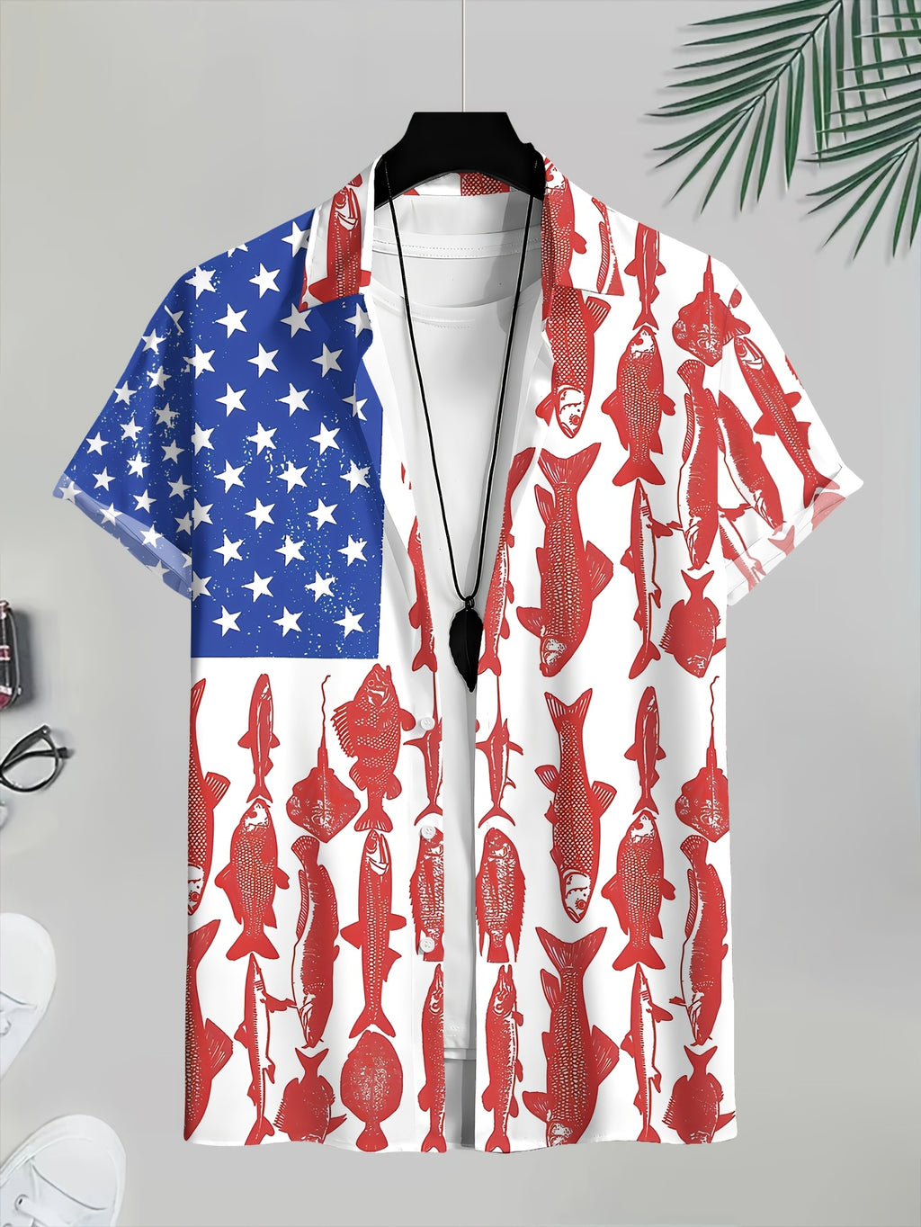 New Men's Casual Stars and Stripes Red Fish Print Shirt, Suitable for Daily Commutes, Casual Outings, Dates, Friend Gatherings, and Shopping. Easily Handles All Scenarios and Meets All Summer Outfit Needs