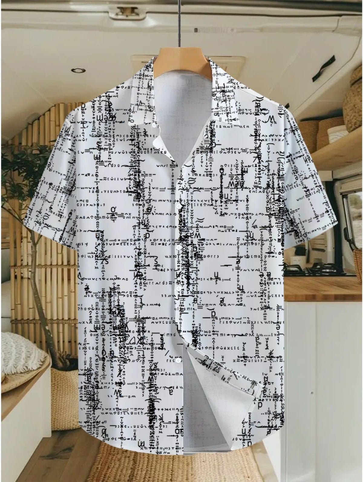 Hawaiian Black And White Patterned Print Men'S Casual Shirt - Short Sleeve Button Design, Vibrant Colors, Suitable for Outdoor And Casual Wear in Summer, Machine Washable