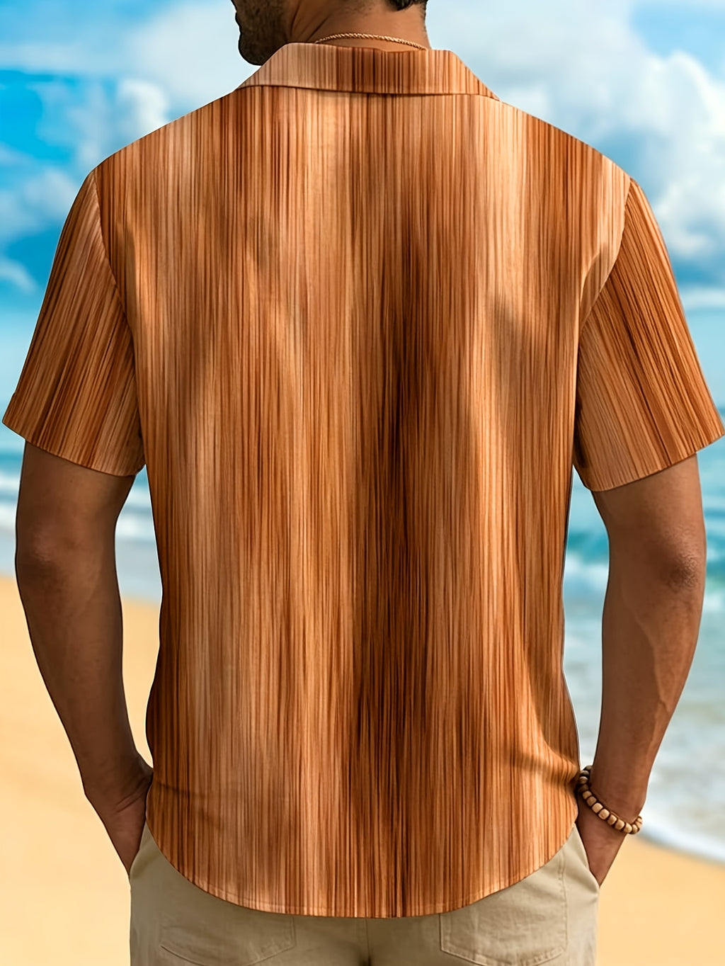 Vintage Gradient Stripe Texture Men's Button Pocket Shirt, PLUS SIZE