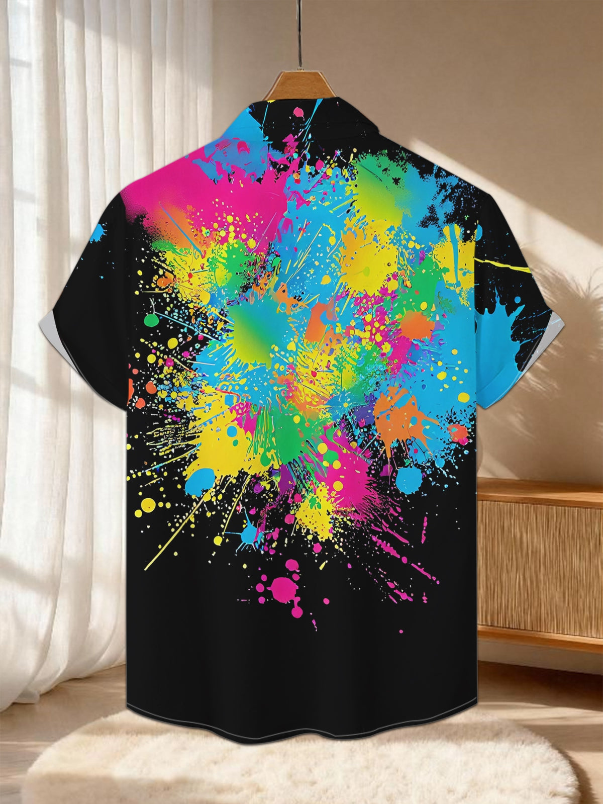 New Men's Casual Short-Sleeve Shirt with Splattering Colorful Ink on a Black Background, a Dazzling and Versatile Top for Holiday Parties and Commuting. Made of Polyester Fiber, Machine Washable, Button-Up Printed Shirt