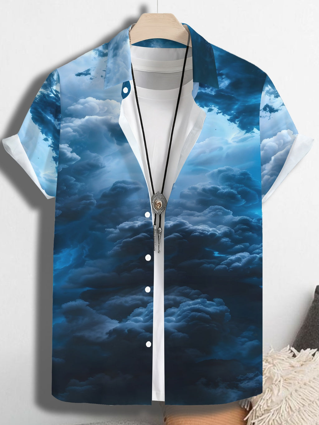 Men's Casual Anime Shirt with Blue Sky and White Clouds Hawaiian Pattern, Regular Fit Lapel Collar, Outdoor Travel Apparel