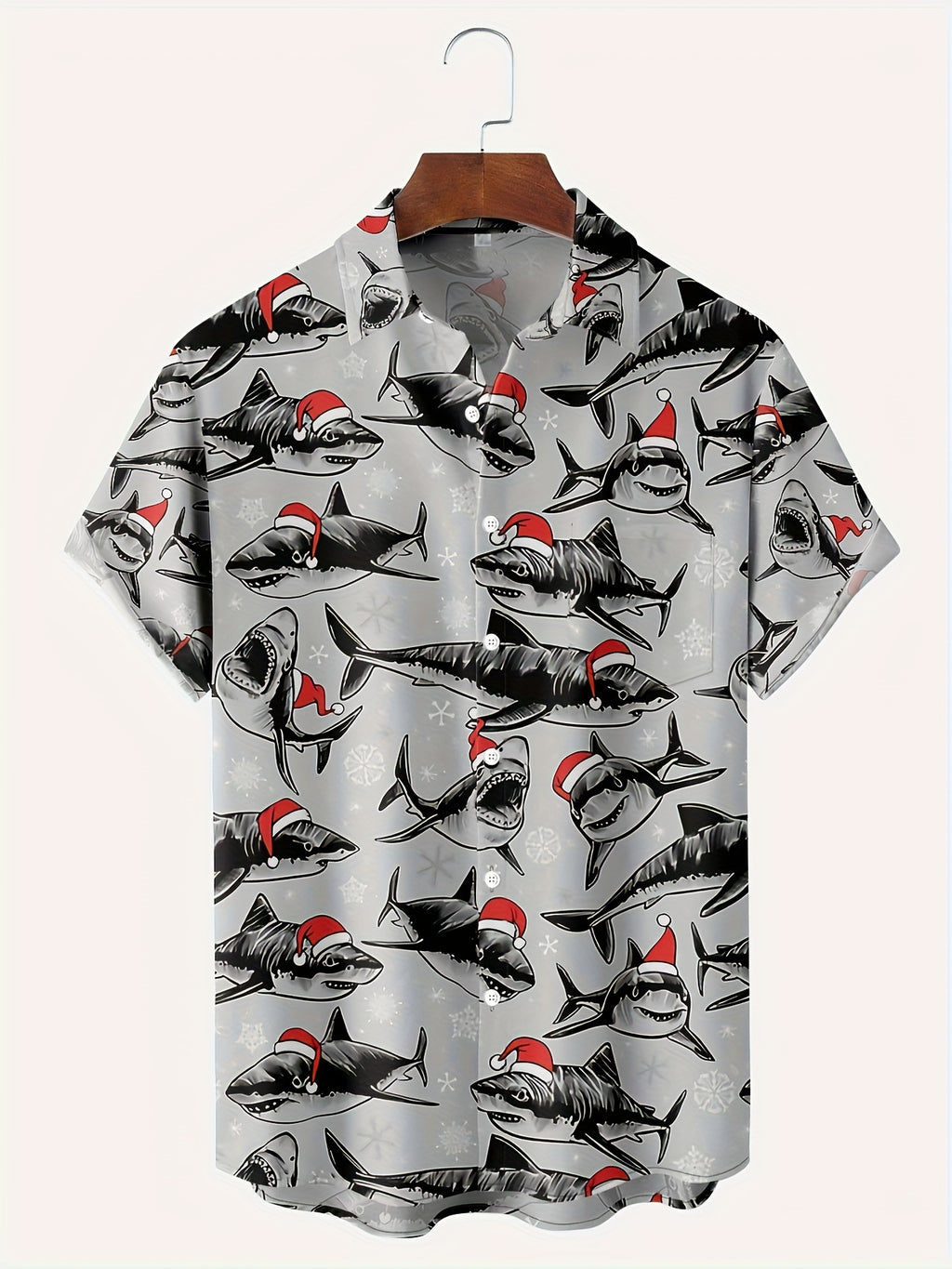 Men'S Funny Christmas Shark Print Short-Sleeve Shirt Featuring a Design with a Santa Hat And Shark Teeth - Red And Black Ocean Theme, Buttoned Collar, - Machine Washable Summer And Christmas Party Attire, Suitable for Beach, Office